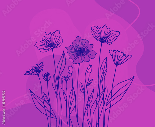 Elegant hand-drawn floral line art illustration in shades of purple and dark blue colours 