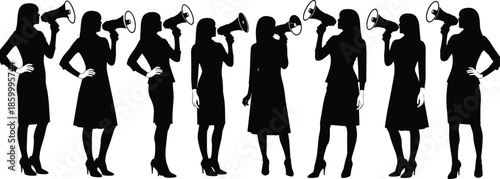 Silhouette of professional women shouting into megaphones, female leadership icons, women empowerment concept, communication protest, 