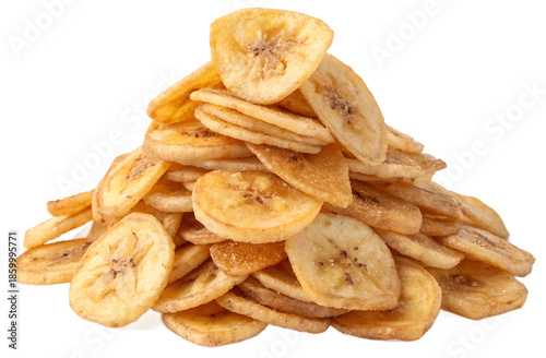 Banana chips snack pile, clean white background