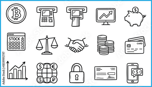 Finance and banking icons set featuring cryptocurrency, mobile banking, savings, security, global finance, agreements, and financial growth visuals
