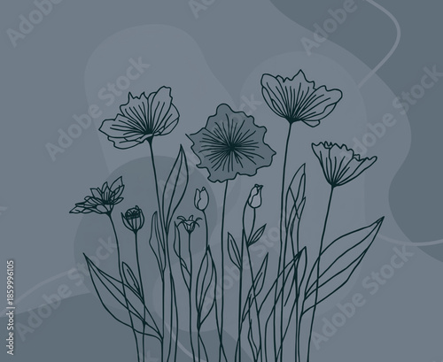 Elegant hand-drawn floral line art illustration in shades of  grey