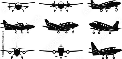 Airplane silhouette icon set featuring passenger aircraft views from multiple angles in flat black vector aviation illustration isolated on white background