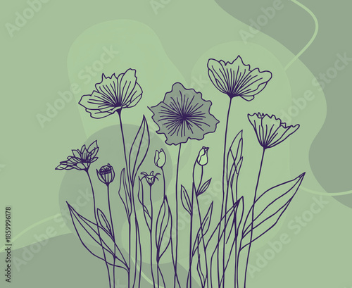 Elegant hand-drawn floral line art illustration in shades of green and violet colours