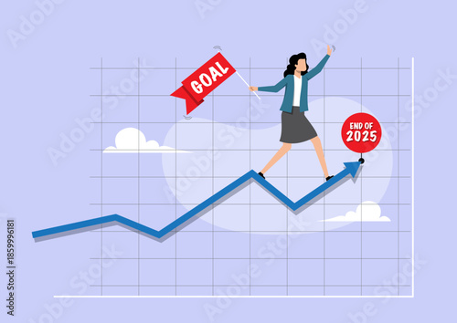 Businesswoman Reaching End of 2025 Goal on Rising Growth Arrow