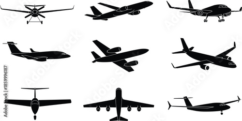 Airplane silhouette set in multiple views and aircraft types, black vector aviation icons collection for travel, transport, military, and aerospace design concepts