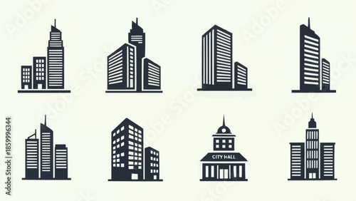 Collection of modern skyscraper building icons in silhouette style.