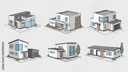 Collection of modern suburban house illustrations isometric view.