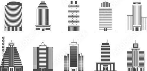 City building silhouette icon set with modern skyscrapers and office towers, clean black and white vector illustration collection for urban architecture, business, and real estate design