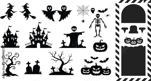 Halloween silhouette icon set with witches, ghosts, haunted houses, pumpkins, bats, skeletons, and spooky elements, black vector illustration collection for horror, party, and holiday design