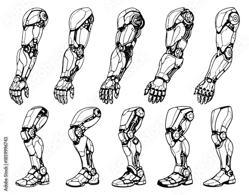 Hand drawn line art cybernetic limb set featuring futuristic arms and legs for modern technology design