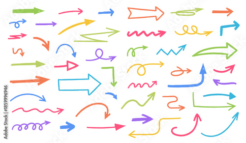 Hand drawn colored arrows of different shapes and directions