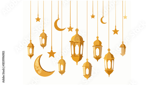 Ramadan Kareem golden lantern garland vector with crescent moon and star ornaments