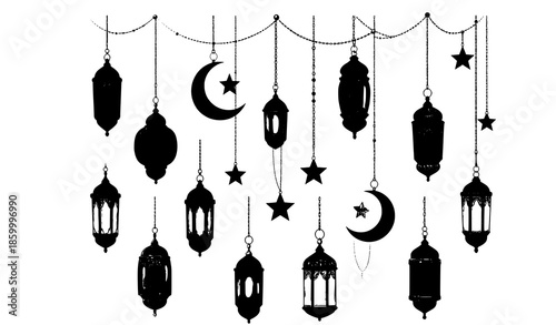 Traditional Muslim Ramadan lantern garland vector with stars and crescent moon