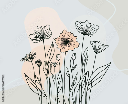 Elegant hand-drawn floral line art illustration in light  blue, grey, black and peach