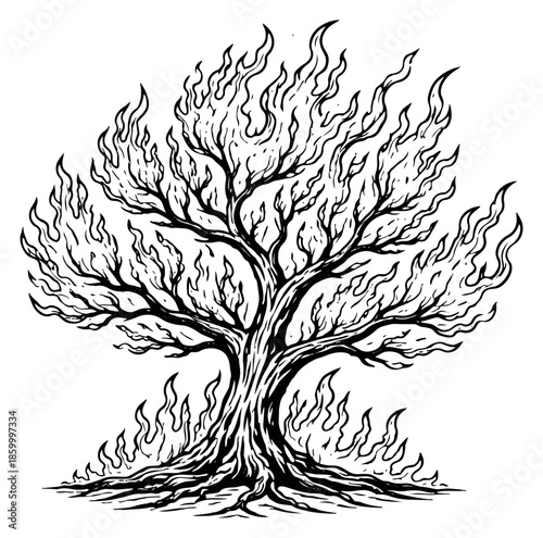Hand drawn line art illustration of a tree depicting a fiery blaze for conceptual designs