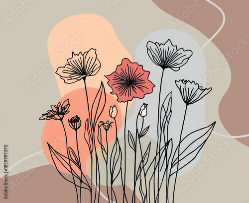 Elegant hand-drawn floral line art illustration in blue, peach, brown, orange and black
