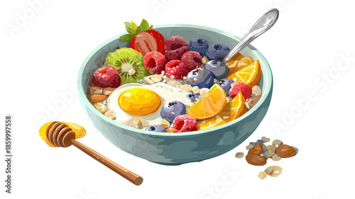 Healthy breakfast bowl with yogurt oats fresh berries citrus fruit nuts honey spoon detailed food illustration isolated on white background