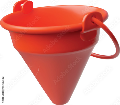 A red 3D cone-shaped fire bucket with a handle on an isolated background.