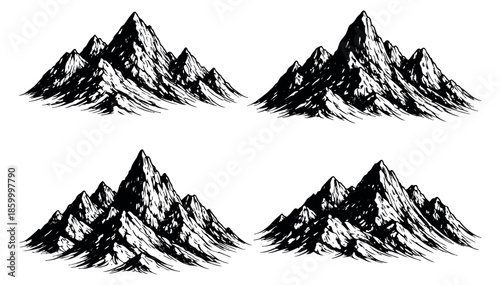 Hand drawn line art mountain landscape set featuring rugged peaks and vast elevations for outdoor adventure and nature-themed designs