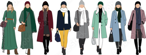 Collection of Stylish Women in Winter Outfits Wearing Coats Scarves and Beanies Flat Vector Illustration for Autumn Winter Fashion Design