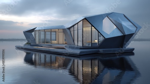A futuristic floating home with geometric metal framework and glass walls resting still water clean lines mirrored perfectly