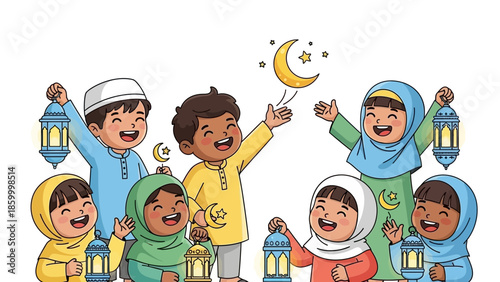 Happy cartoon children playing together with toys and a ball