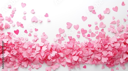 A collection of pink paper hearts scattered on a white background