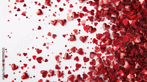 Red Glitter Hearts Scattered On White Background