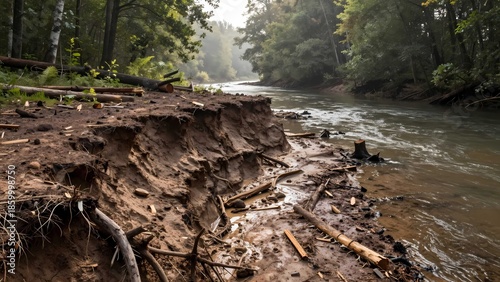 Forest erosion along riverbank showing soil degradation runoff and habitat damage