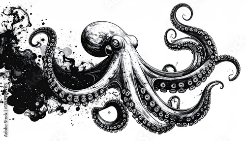 Detailed black and white octopus illustration with ink splatters.