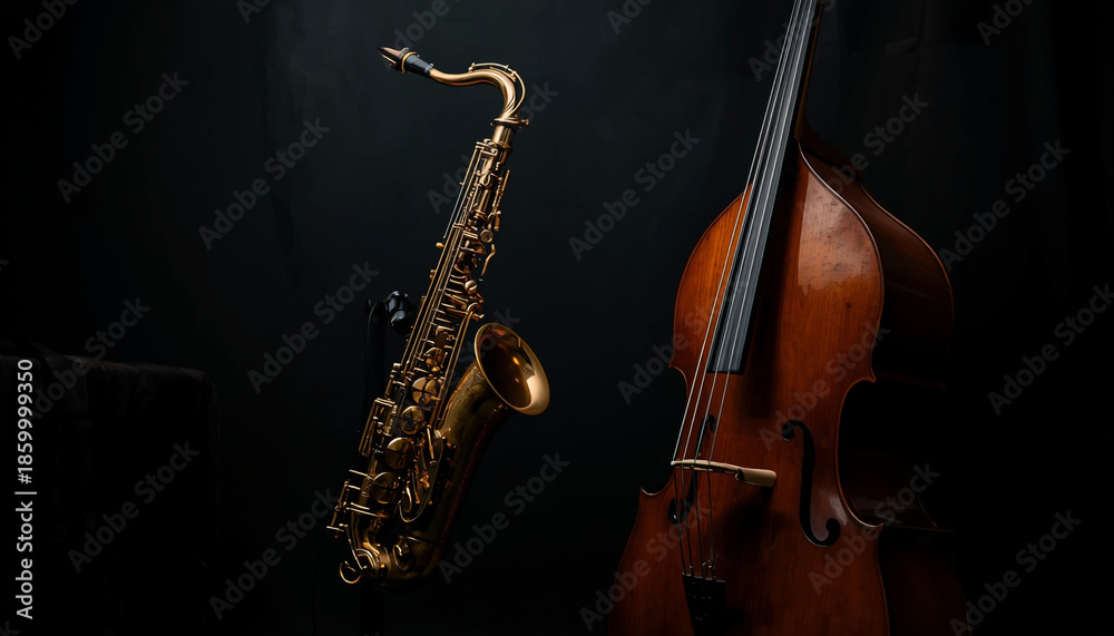 Naklejka premium Saxophone and cello on dark background for jazz music concept