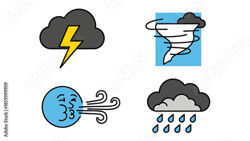 Vector illustrations of various weather conditions including a tornado, rain, and lightning on a white background