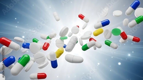 A vibrant and dynamic 3D illustration depicting a scattering of colorful pharmaceutical pills and capsules against a bright, glowing background, suggesting healthcare, medicine, and wellness