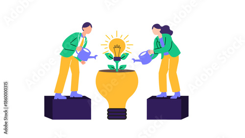 Business team collaborating on innovation, watering a growing idea lightbulb in a pot