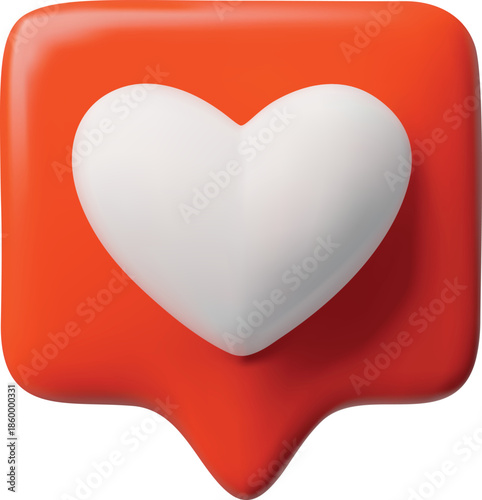 Heart symbol in red speech bubble 3D plastic style vector icon, social media notification appreciative, love like symbol