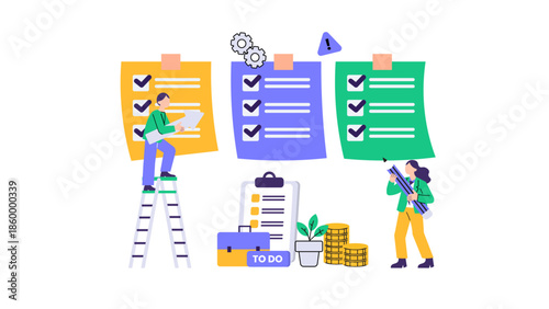 Business team managing multiple tasks and goals while working on a project plan