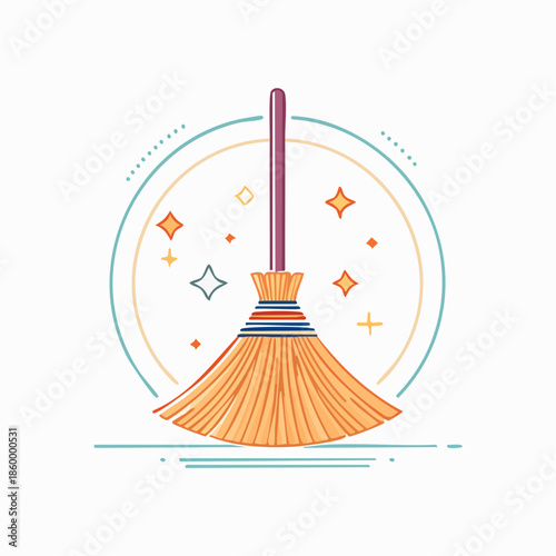 Vector illustration of a yellow straw broom and dustpan isolated on white for domestic housework cleaning and sweeping equipment