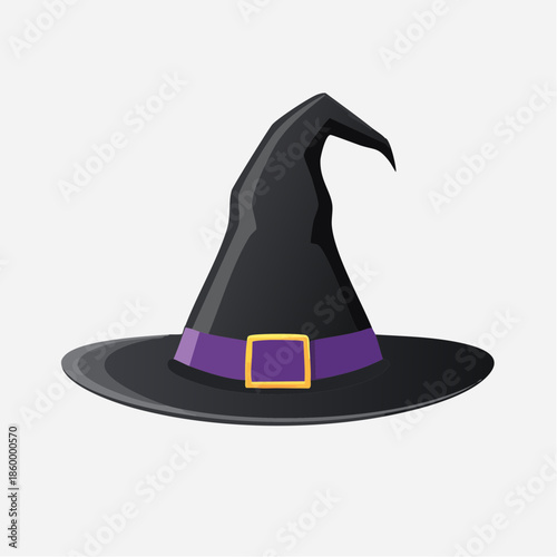 Isolated cartoon illustration of a black halloween witch hat and broom vector icon featuring a magic wizard cap and magician symbol on a white background
