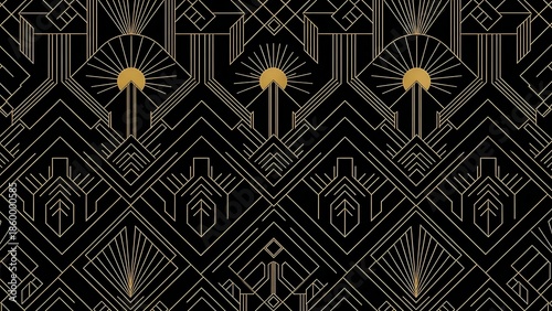 Art Deco Seamless Pattern with Sunbursts and Geometric Lines on a Black Background