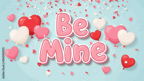 Be Mine Valentine's Day heart balloons and confetti festive scene
