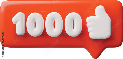 Red rectangular speech bubble with white numbers 1000 and a thumbs-up symbol.