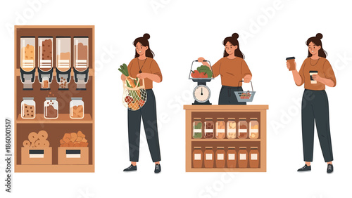 Vector illustrations depicting mindful shopping and sustainable consumption for an eco-conscious lifestyle