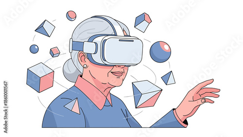 A senior woman immersing herself in a captivating virtual reality experience, interacting with abstract digital elements within a futuristic environment
