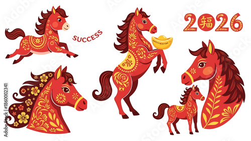 Vibrant Illustrative Set of Auspicious Red and Gold Horses, Symbolizing Success, Fortune, and Prosperity for Lunar New Year 2026 Celebrations