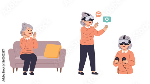 Senior woman joyfully embracing advanced virtual reality for immersive digital experiences; a vector set showing engagement and discovery