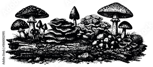 Vintage hand drawn line art mushroom set featuring various fungi growing on a decaying log for natural history designs
