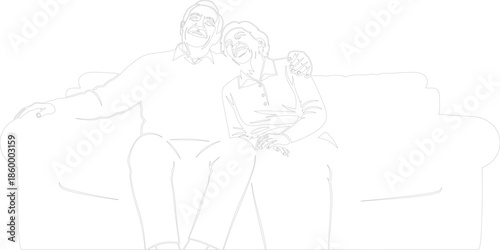Joyful senior couple laughing on sofa outline vector illustration