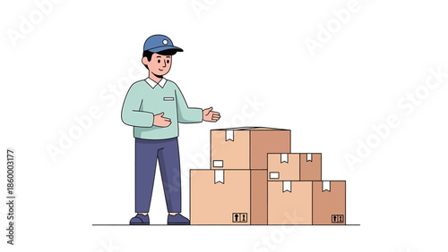 Delivery person with stack of cardboard boxes, shipping and logistics concept