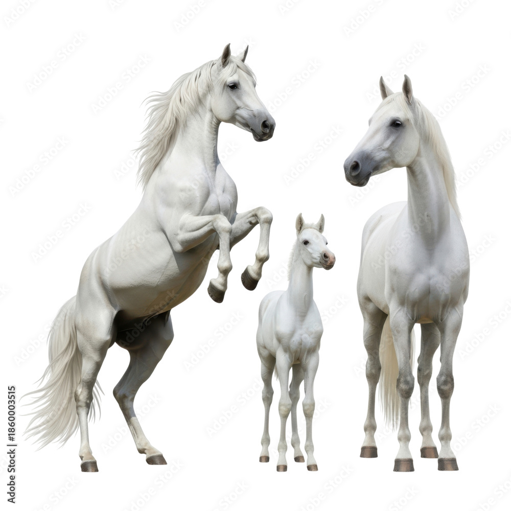 Obraz premium Three white horses in various poses isolated on transparent background