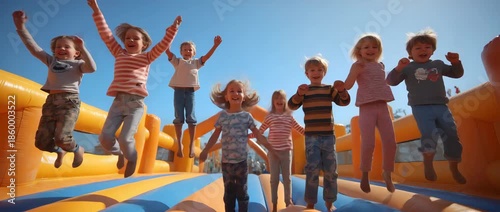 Cute young kids of different ages enjoying themselves on an inflatable bouncy house